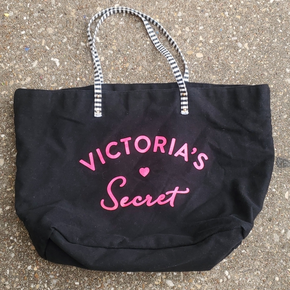 Victoria's Secret Black Canvas Tote Bag Beach Logo